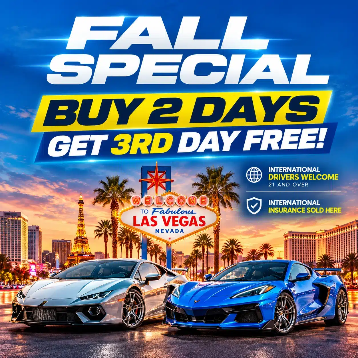 Fall Special — exotic car rental Las Vegas, buy 2 days get 3rd free